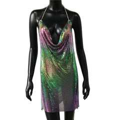 Backless Sequin Short Dress Metalic Split Mesh Low Cut Mini Dress