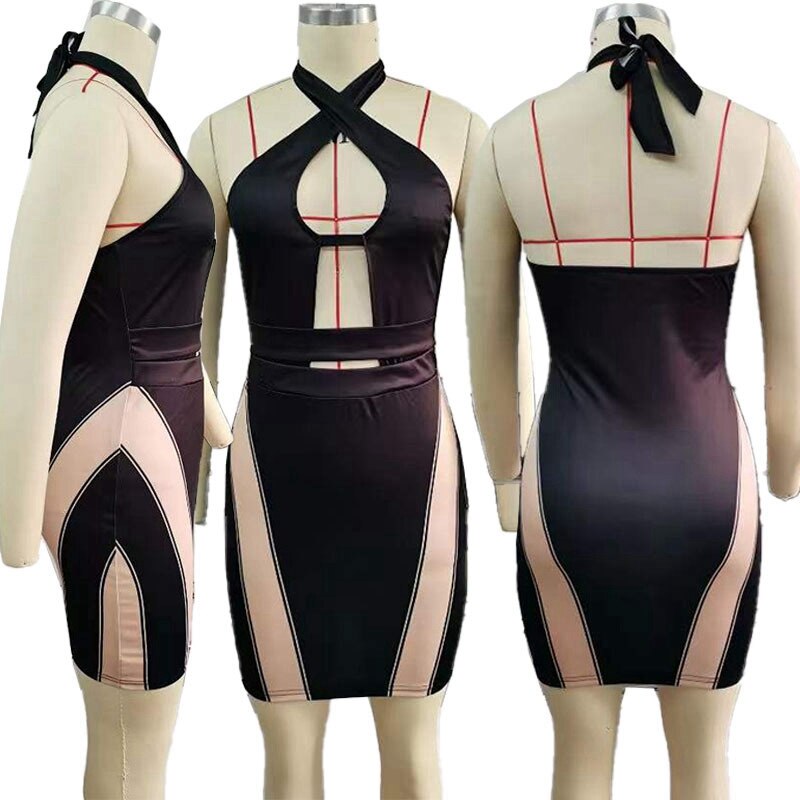 Sexy Backless Halter Bodycon Midi Dress 2022 Patchwork Hollow Cut Out Elegant Bandage Party Dress for Women Summer Club Outfits