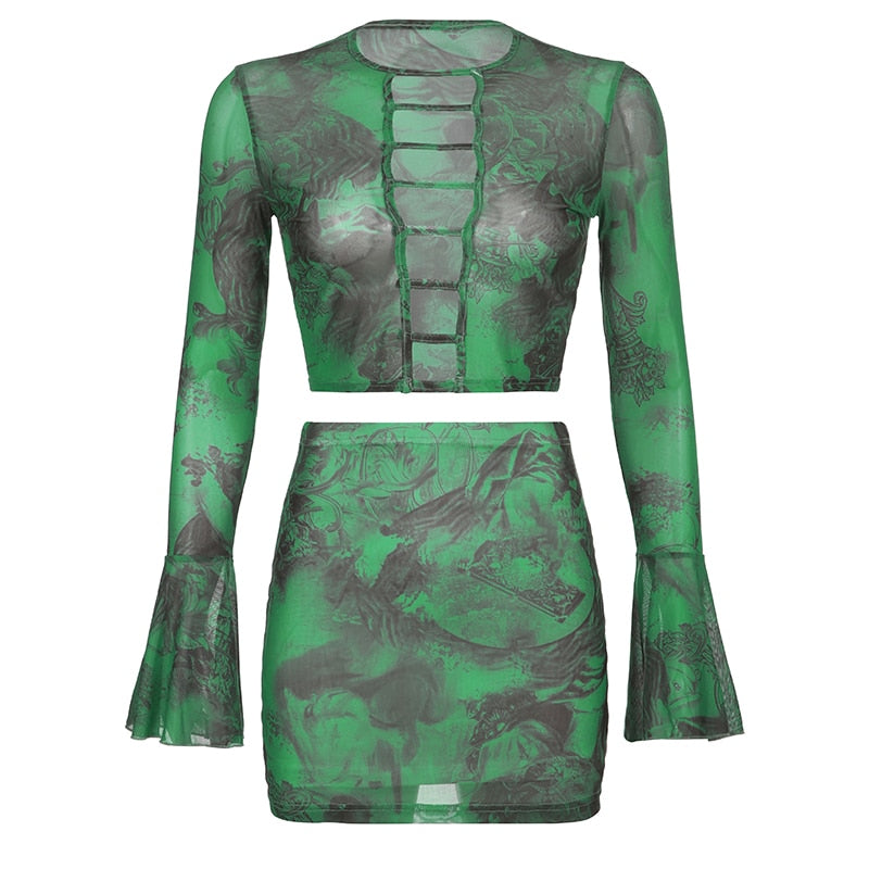 BIIKPIIK Print Fashion Sexy Two Piece Sets Hollow Out Flare Sleeve Crop Top + Low Waist Mini Skirts Suits For Women Hot Clothing