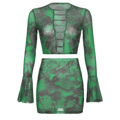 BIIKPIIK Print Fashion Sexy Two Piece Sets Hollow Out Flare Sleeve Crop Top + Low Waist Mini Skirts Suits For Women Hot Clothing