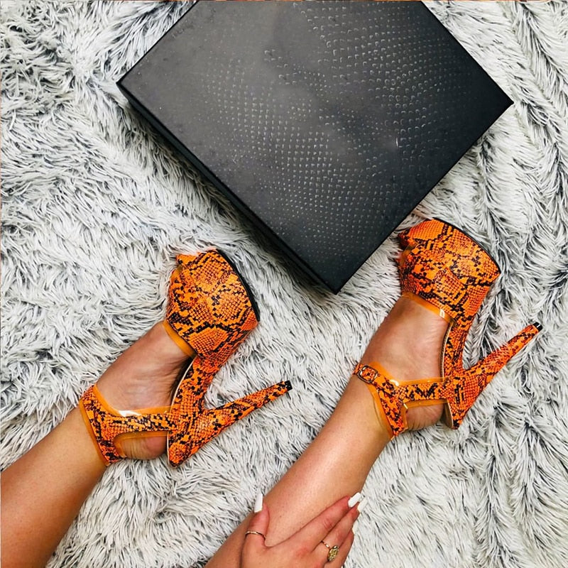 Snake print Open toe super high with sandals nightclub pole dance shallow mouth Platform