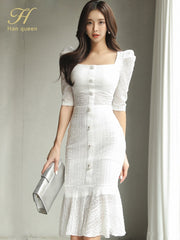2-piece Square Collar Double-breasted Top +Fashion Cutout Lace Fishtail Skirt