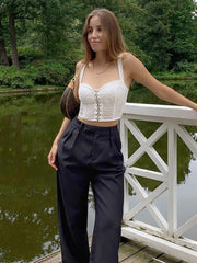 Cryptographic Coquette Elegant White Single Breasted Cami Crop Top for Women Summer Fairy Grunge Y2K Sexy Backless Top Cropped