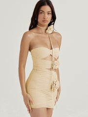 Articat Sexy Strapless Flower Mesh Women Dress Apricot Hollow Out Ruched Summer Dresses Woman 2022 Elegant Party Club Vestidos