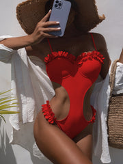 Solid Swimwear Sexy Push Up Ruffle Thong One Piece Swimsuit