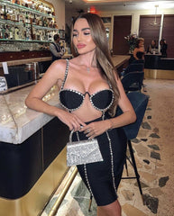 High Quality Black Celebrity Black Bodycon Sparkly Beading Rayon Bandage Dress Elegant Club Party Dress Vestidos