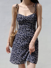 Summer Floral Retro Mini Dress Sleeveless Backless Spaghetti Straps Beach Sundress Vintage Bohemian Black Red Dress Women