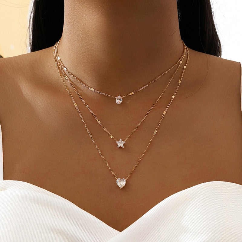Crystal Zircon Heart Star Charm Layered Necklace