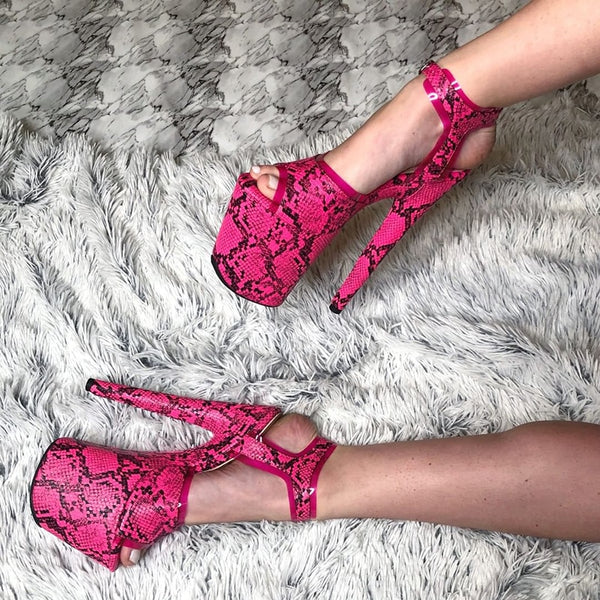Snake print Open toe super high with sandals nightclub pole dance shallow mouth Platform