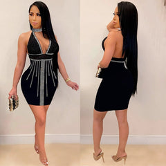 Sparkly Rhinestone Sexy Bodycon Party Dress Women Backless Mini Dress Evening Club Black Elegant Summer Birthday Dress for Women