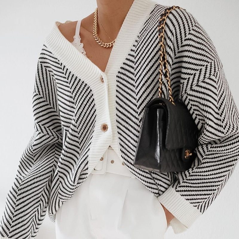 Blessyuki Oversized Loose Soft Knitted Cardigan Sweater Women Vintage Striped V-neck Long Sleeve Sweaters Female Korean Chic top Secondary image