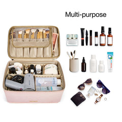 Split Leather Travel Makeup Case Double Layer Organizer Bag