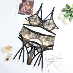 Aduloty Women&#39;s Erotic Underwear Thin Section See-Through Mesh Embroidery Sexy Lingerie Underwire Bra Garter Belt Thong Suit