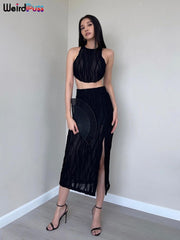 Weird Puss 2 Piece Set Patchwork Vacation Women Zipper Sleeveless Vest+Side Split Skirt Solid Stretch Skinny Sexy Matching Suit