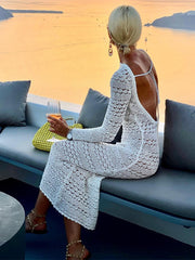 Hollow Out Backless Knitted Dress Long Sleeve Lace Up Mix Dress