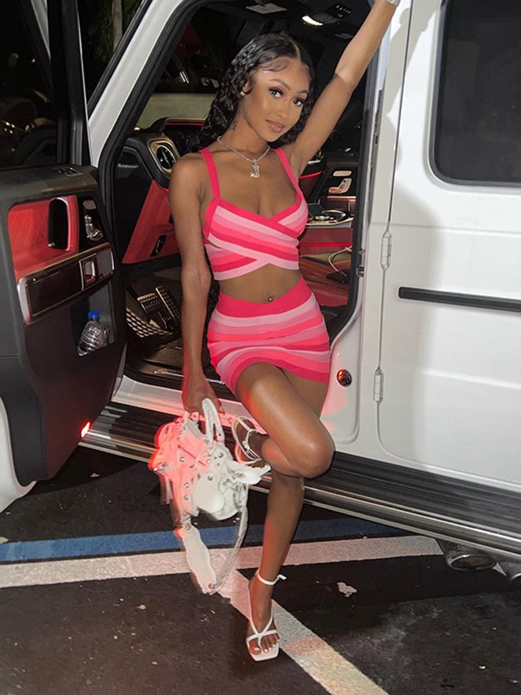 Kliou Pink Striped Two Piece Set Woman 2022 Outfits Casual Hipster Spaghetti Strap Skinny Tops+Fashion Clubwear Female Hip Skirt