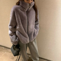 Women&#39;s Winter Jacket Fashion Solid Color Faux Fur Coat Korean Version Loose Simplicity Stand-up Collar Women&#39;s Clothing Coat