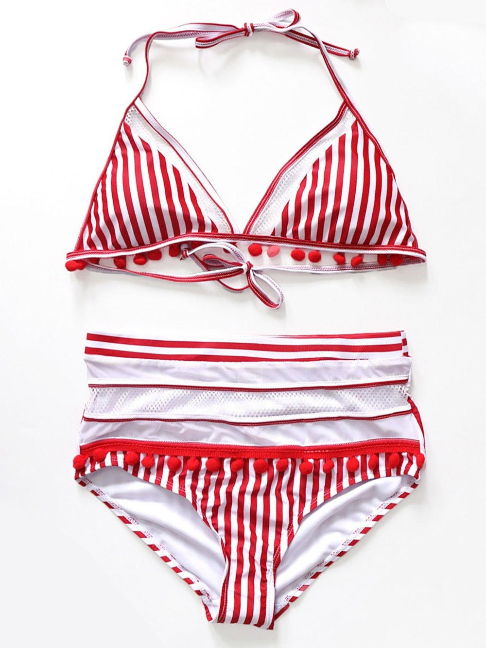 2022 Sexy Halter Retro Mesh Hollow Out String Biquini Bath Suit Swimsuit High Waist Pompones Pom Swimwear Women Triangle Bikini