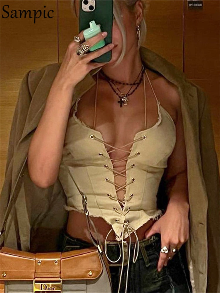 Sampic  Women Halter Neck Corset Crop Top Y2K Off Shoulder Sleeveless Camis Sexy Backless Tank Tops Vintage 2022 Summer Main image