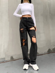 HEYounGIRL Hole Ripped Black Woman Distressed Jeans Casual Hip Hop High Waist Pants Capris Pocket Straight Denim Trousers Ladies