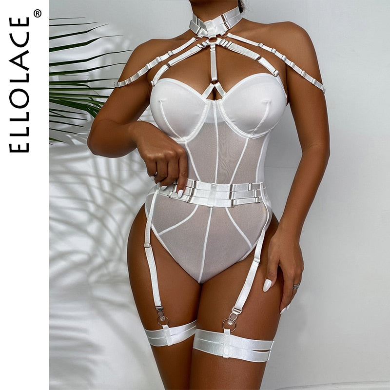 Ellolace Fancy Lingerie Bodysuit Women With Garters Sexy Boat Body One-Pieces Sissy Teddy Erotic Halter Open Croch Babydoll