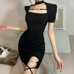 Vintage Black Bandage Spice Girls Hollow Out Short Sleeve Dress Sweet Spicy Thin Skirt