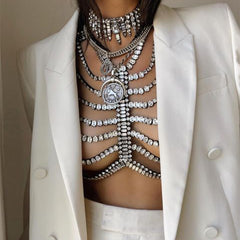 Stonefans Trendy Zircon Hollow Bras Chain Necklace Jewelry Luxury Accessories Bikinis Rhinestone Harness Chest Chain Multi Layer