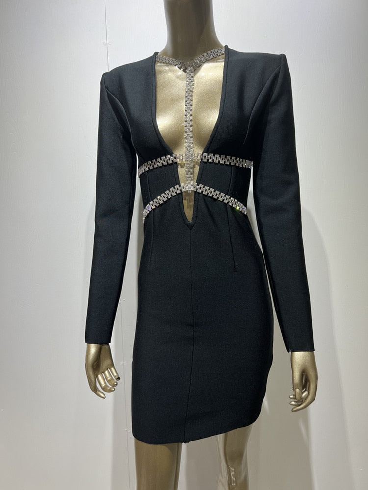 Celebrity High Quality Black Long Sleeve V-neck Sparkly Diamonds Rayon Bandage Dress Elegant Cocktail Party Dress Vestidos