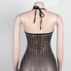 Rhinestone Diamonds Sheer Mesh Lace Up Mini Dress