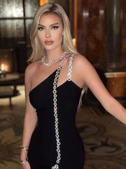 Diamond One Shoulder Black Bandage Dress