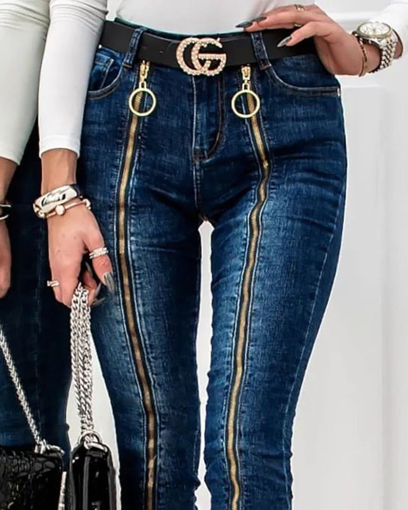 Women High Waist Slim Fashion Sexy O-Ring Zipper Decor Skinny Jeans Casual Pencil Pants Jeans Denim Leggings