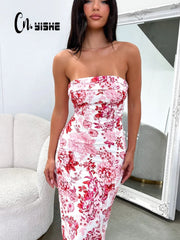 Cnyishe Flower Print Sexy Long Dresses Women Fashion Strapless Streetwear Slim Sheath Spit Skinny Bodycon Trumpet Vestidos Robes