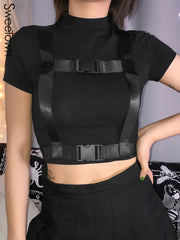 Sweetown Black Gothic Sexy Women Basic Tshirt Short Sleeve Techwear O-Neck Tee Shirt Femme Summer Crop Tops With Buckle Ribbon