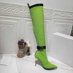 Pointed Toe Metal Buckle Elastic Socks Boots Over The Knee Boots Leather Stitching Boots