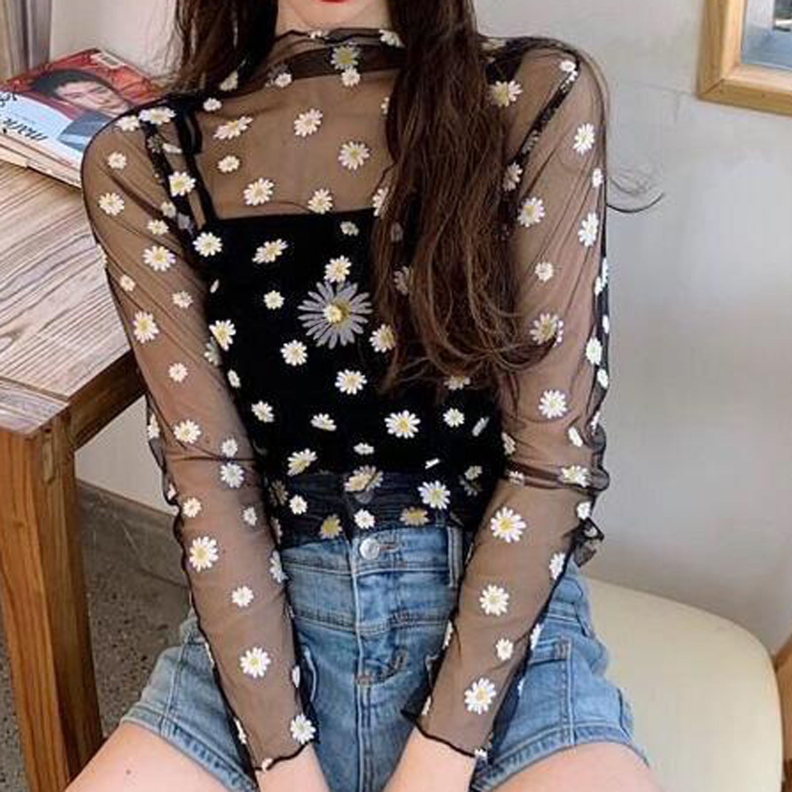 Fashion Floral Perspective Blouse Shirt Casual Sesy Mesh Sunscreen Tops Casual Summer Ladies Female Women Long Sleeve Blusas