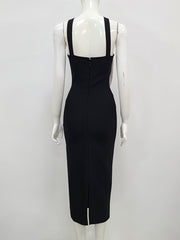 Women Summer Sexy Key Hole Diamonds Tassel Crystal Midi Black Bodycon Bandage Dress 2022 Elegant Evening Party Dress Vestido