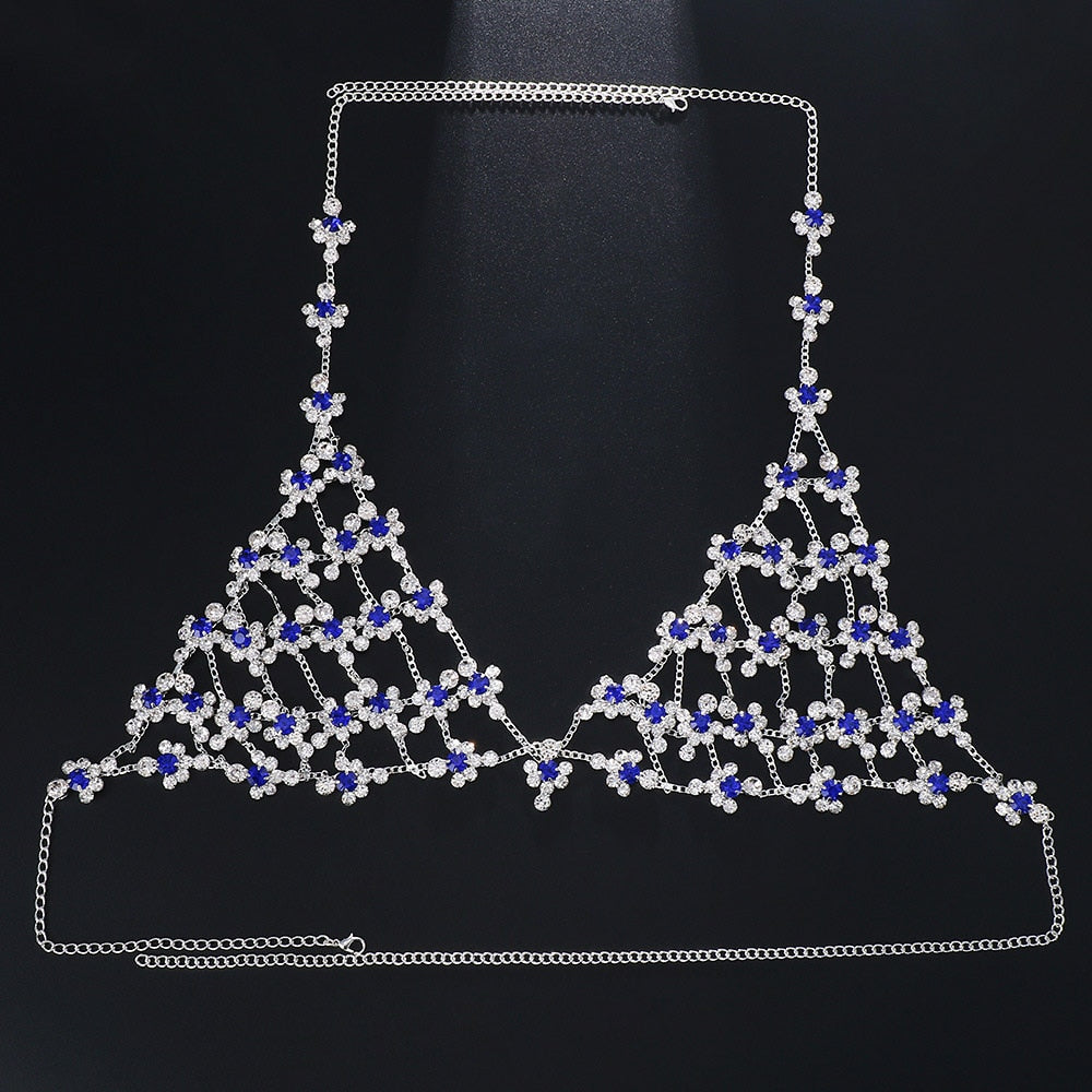 Stonefans Hollow Blue Crystal Body Chain Lingerie Clothing Women Summer Beach Rhinestone Bikinis Bra Harness Festival Jewelry