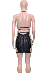 Black Ladder Cut Out Crystal Mini Dress Straps Sequin Night Dress