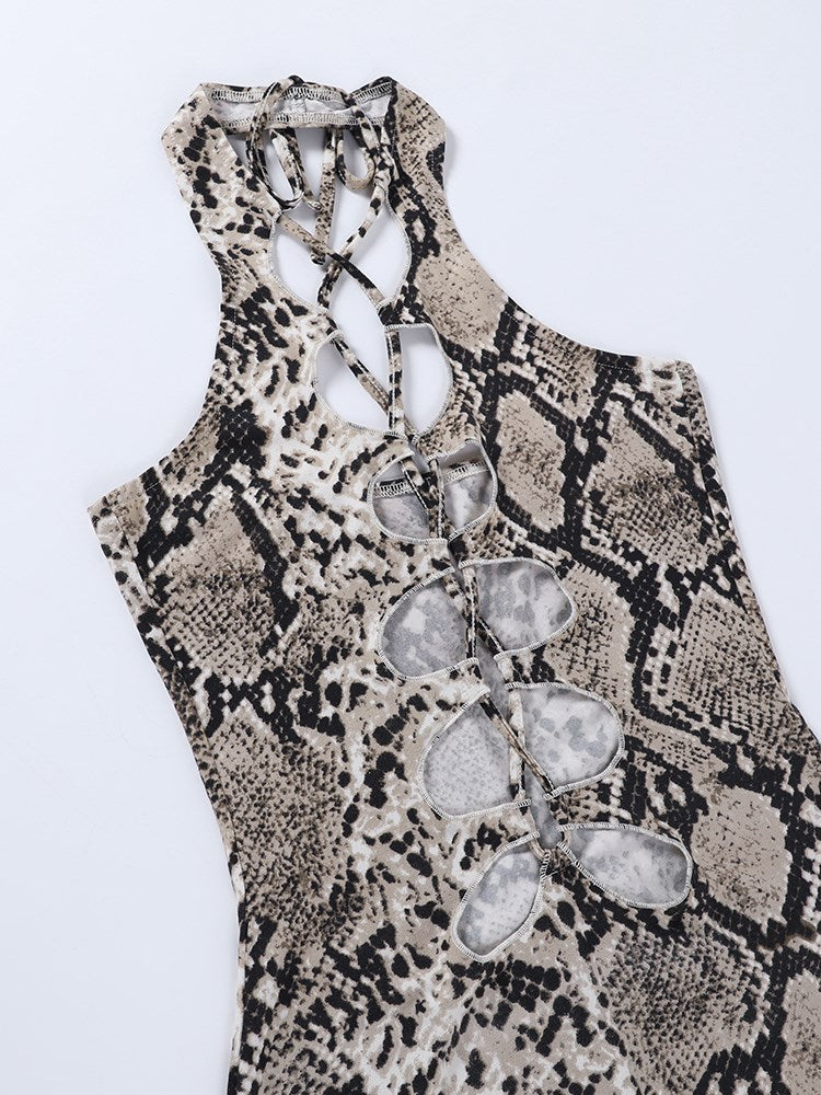 Snakes Knit Mini Dress Hollow Out Print Halter Sleeveless