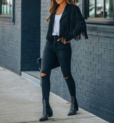 Women Y2k Fringed Hem Tassel Cardigan Crop Tops E-girl Motor Biker Jacket Suede Leather Jacket 90s Vintage Streetwear Coat Cool