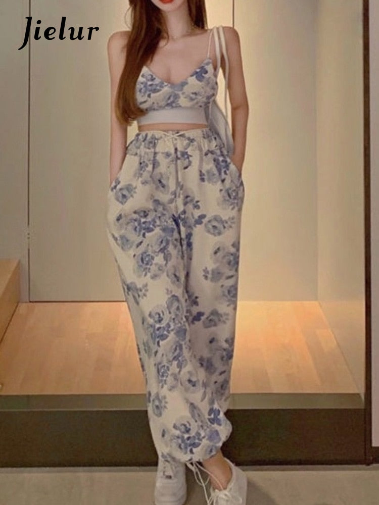 Jielur Sexy Y2K Floral Two Piece Top Pant Set Women Korean Casual High Street Summer Suit Elegant Mini Top Long Wide Leg Pants Secondary image