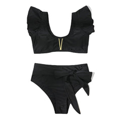 High Waist Split Solid Color Ruffle Swimsuit