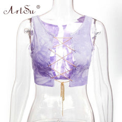ArtSu Red Black White Metal Chain Sleeveless Crop Top Sexy Clubwear Women Adjustable Lace Up Hollow Out Tank Tops Tees Camisole