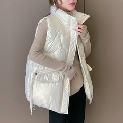 Women Stand Collar 2022 New Short Bright Color Cotton Padded Jacket Sleeveless Female Winter  Waistcoat Coat Vest