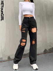 HEYounGIRL Hole Ripped Black Woman Distressed Jeans Casual Hip Hop High Waist Pants Capris Pocket Straight Denim Trousers Ladies