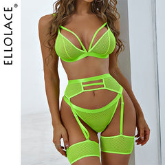 Ellolace Lingerie Women&#39;s Underwear Set Mesh Lace Transparent Bra Sexy Lingerie Set 3 Piece Set Sexy Erotic Lingerie Set