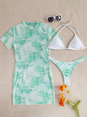 Slit Cuff Plunge Neck Three Pieces Bikini Set with Cover Up Plain Swimsuit