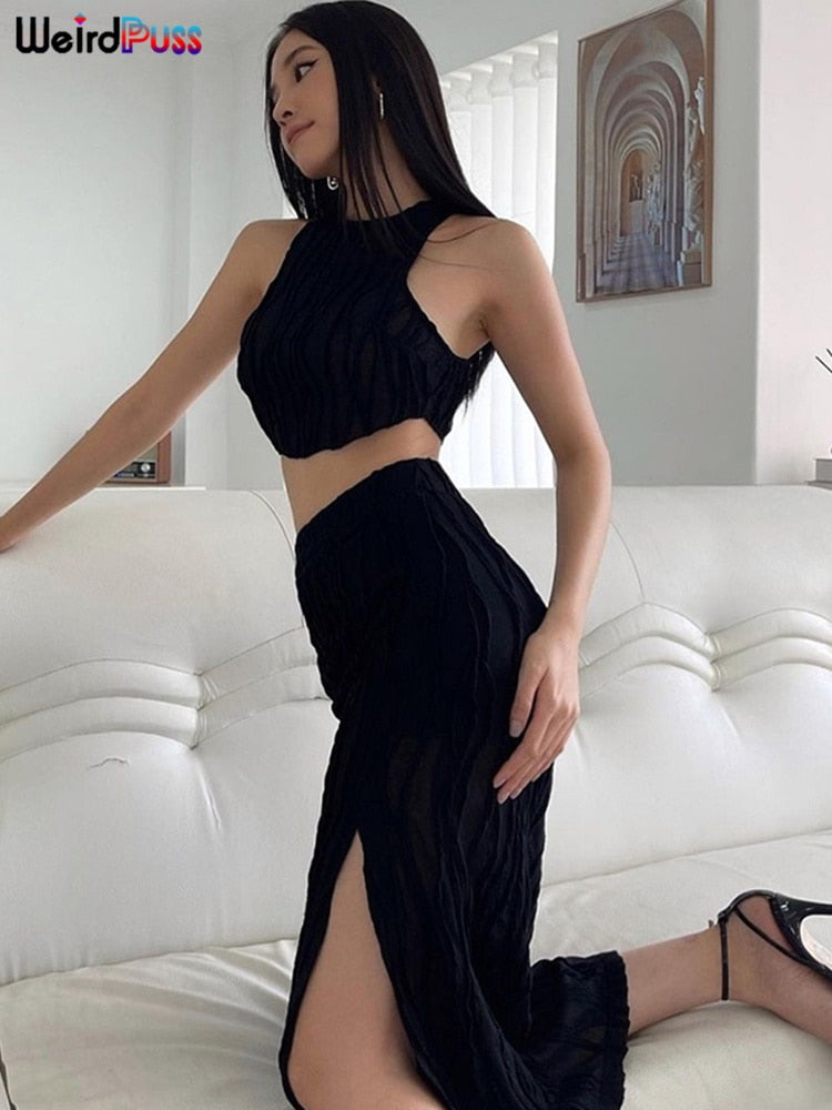 Weird Puss 2 Piece Set Patchwork Vacation Women Zipper Sleeveless Vest+Side Split Skirt Solid Stretch Skinny Sexy Matching Suit