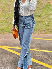Taruxy Jeans Women Blue Patchwork High Waisted Ripped Jeans Autumn High Street Straight Long Pants Y2K Denim Pants Trousers