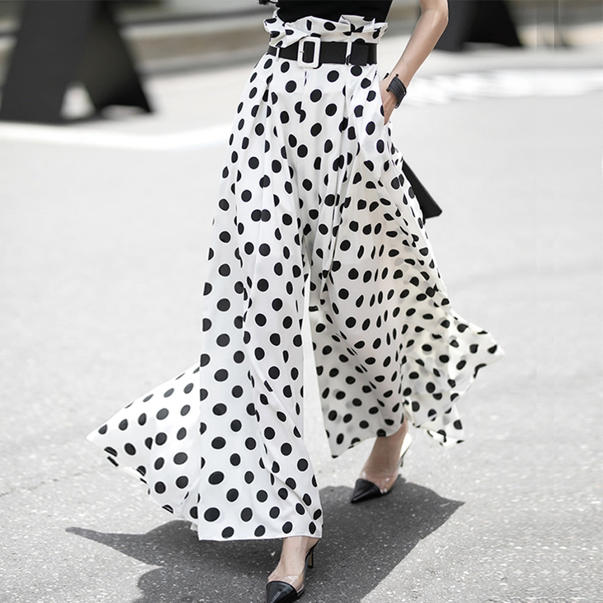 Yeezzi 2022 New Female Female Fashion Simple Original Wide Legs Polka-Dot Pleated Casual Loose Elegant Pants for Women